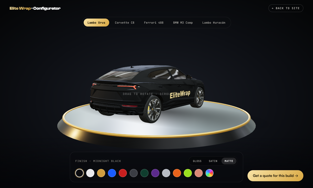 3D wrap configurator — black matte BMW M3 in the studio